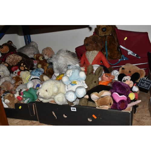 448 - THREE BOXES AND LOOSE SOFT TOYS, DOLLS AND DOLL'S PRAM, to include a Charlesworth doll's pram, a Ral... 