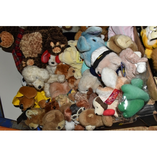 448 - THREE BOXES AND LOOSE SOFT TOYS, DOLLS AND DOLL'S PRAM, to include a Charlesworth doll's pram, a Ral... 