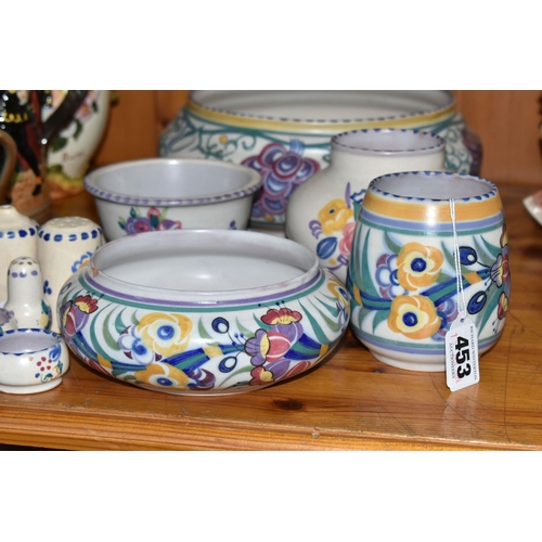 453 - TEN PIECES OF POOLE POTTERY, traditional ware, to include bowls, vases, salt and pepper pots, each p... 