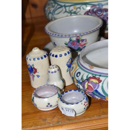 453 - TEN PIECES OF POOLE POTTERY, traditional ware, to include bowls, vases, salt and pepper pots, each p... 