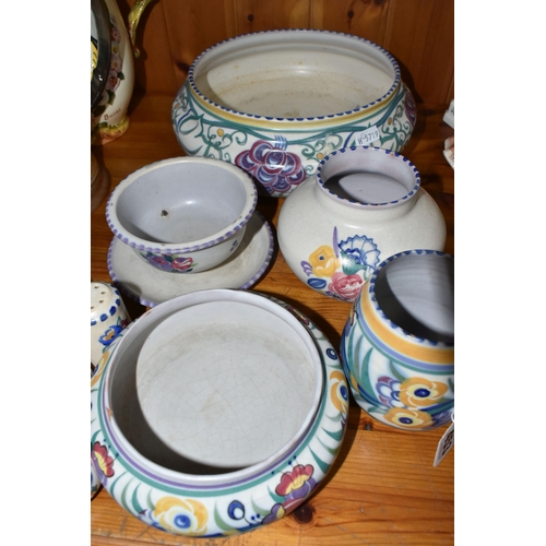 453 - TEN PIECES OF POOLE POTTERY, traditional ware, to include bowls, vases, salt and pepper pots, each p... 