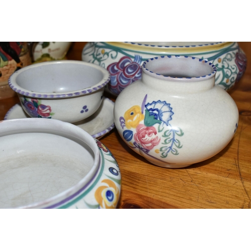 453 - TEN PIECES OF POOLE POTTERY, traditional ware, to include bowls, vases, salt and pepper pots, each p... 