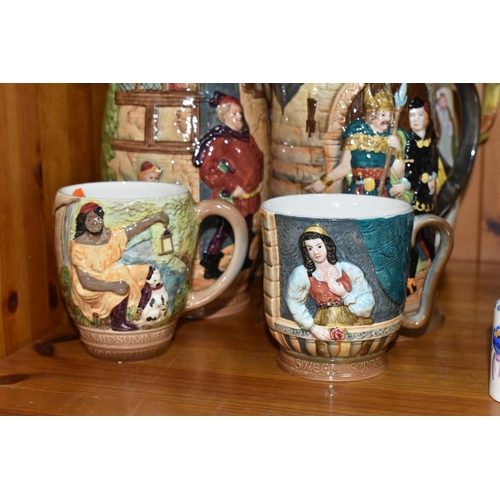 454 - A GROUP OF BESWICK JUGS AND MUGS, eight literary themed pieces comprising four jugs: Hamlet no 1146,... 