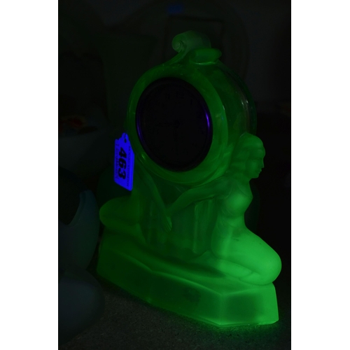 463 - A GROUP OF DECORATIVE GLASS WARE, to include uranium glass dressing table items, including a figural... 