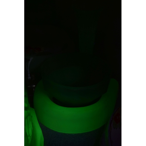 463 - A GROUP OF DECORATIVE GLASS WARE, to include uranium glass dressing table items, including a figural... 