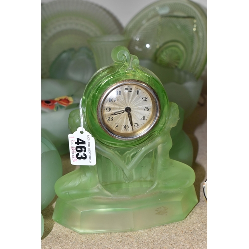 463 - A GROUP OF DECORATIVE GLASS WARE, to include uranium glass dressing table items, including a figural... 