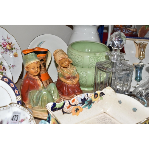 473 - A GROUP OF CERAMICS, GLASS AND CHALKWARE, to include a Royal Crown Derby 'Royal Antoinette' side pla... 