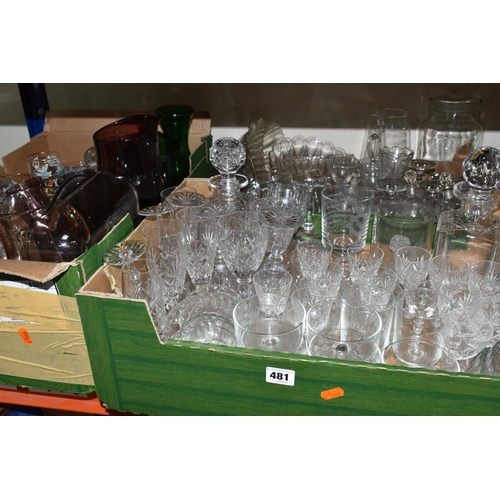 481 - THREE BOXES OF GLASS WARE, to include two red Whitefriars bowls with controlled bubbles, crystal dri... 