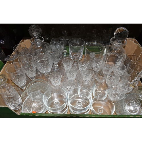 481 - THREE BOXES OF GLASS WARE, to include two red Whitefriars bowls with controlled bubbles, crystal dri... 