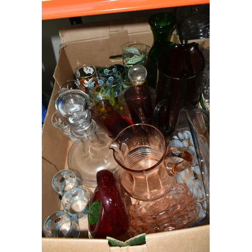 481 - THREE BOXES OF GLASS WARE, to include two red Whitefriars bowls with controlled bubbles, crystal dri... 