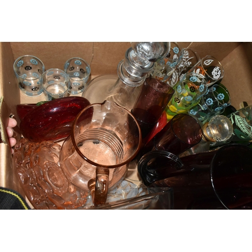 481 - THREE BOXES OF GLASS WARE, to include two red Whitefriars bowls with controlled bubbles, crystal dri... 