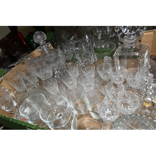 481 - THREE BOXES OF GLASS WARE, to include two red Whitefriars bowls with controlled bubbles, crystal dri... 