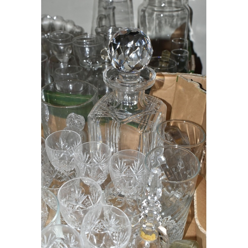 481 - THREE BOXES OF GLASS WARE, to include two red Whitefriars bowls with controlled bubbles, crystal dri... 