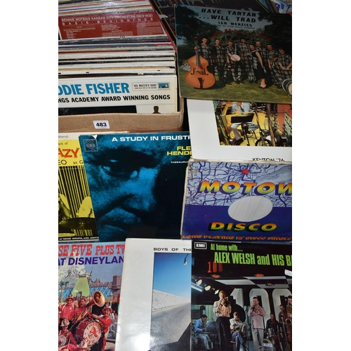 483 - TWO BOXES OF RECORDS, to include approximately ninety LPs, artists to include Simon & Garfunkel, The... 