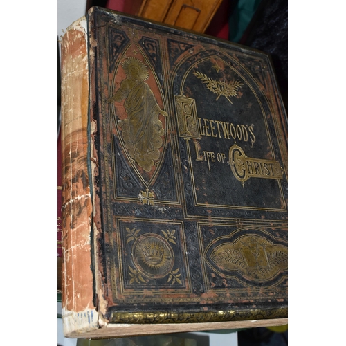 489 - FIVE ANTIQUARIAN RELIGIOUS BOOKS comprising Fleetwood's Life of Christ, leather bound, brass clasped... 