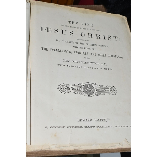 489 - FIVE ANTIQUARIAN RELIGIOUS BOOKS comprising Fleetwood's Life of Christ, leather bound, brass clasped... 
