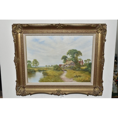 492 - PETER KOTKA (1951-) A NOSTALGIC 19TH CENTURY STYLE LANDSCAPE, two figures are standing before a that... 