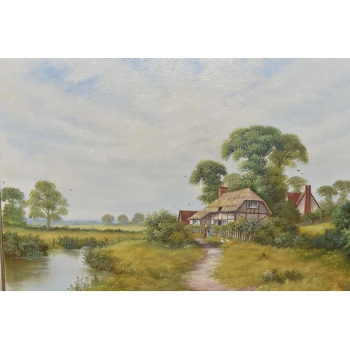 492 - PETER KOTKA (1951-) A NOSTALGIC 19TH CENTURY STYLE LANDSCAPE, two figures are standing before a that... 