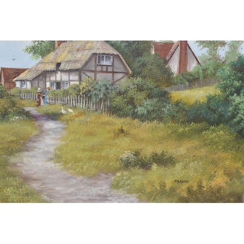 492 - PETER KOTKA (1951-) A NOSTALGIC 19TH CENTURY STYLE LANDSCAPE, two figures are standing before a that... 