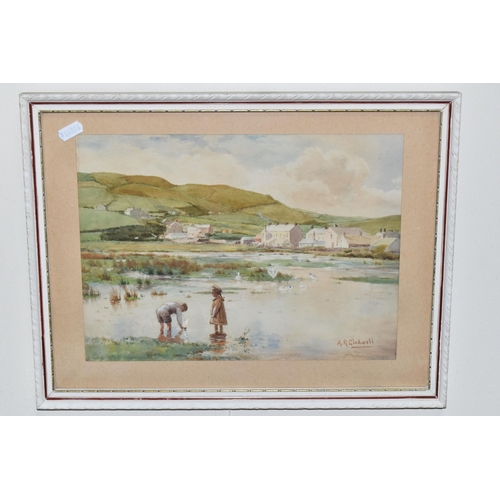 493 - ALLEN R GLADWELL (MID 20TH CENTURY) RIVER LANDSCAPE WITH CHILDREN, depicting a young girl and boy pl... 