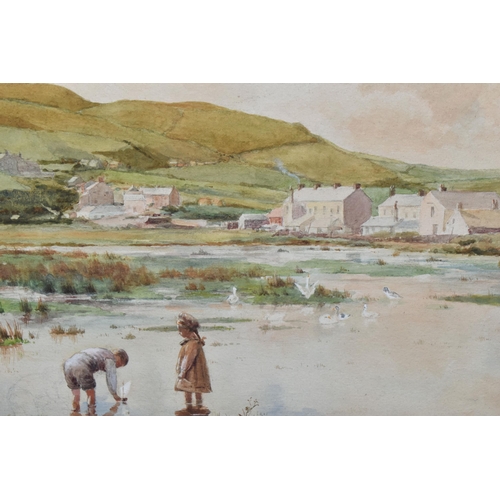 493 - ALLEN R GLADWELL (MID 20TH CENTURY) RIVER LANDSCAPE WITH CHILDREN, depicting a young girl and boy pl... 