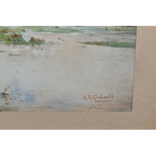 493 - ALLEN R GLADWELL (MID 20TH CENTURY) RIVER LANDSCAPE WITH CHILDREN, depicting a young girl and boy pl... 