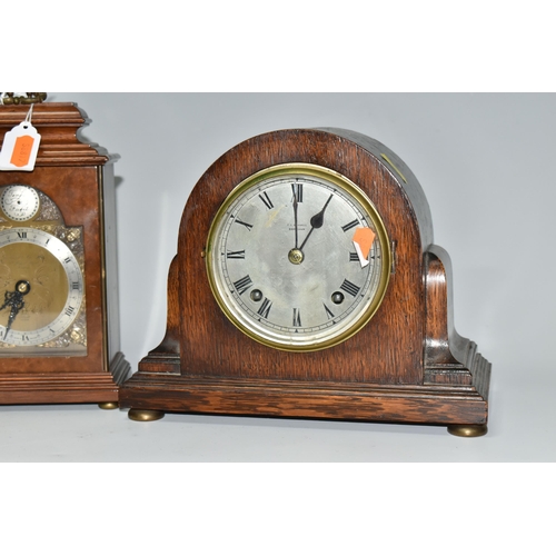 496 - THREE WOODEN CASED MANTEL CLOCKS, comprising an Art Deco style Elliot clock retailed by Garrard & Co... 