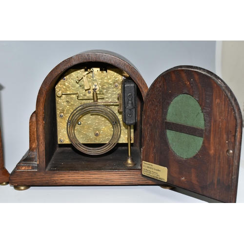 496 - THREE WOODEN CASED MANTEL CLOCKS, comprising an Art Deco style Elliot clock retailed by Garrard & Co... 