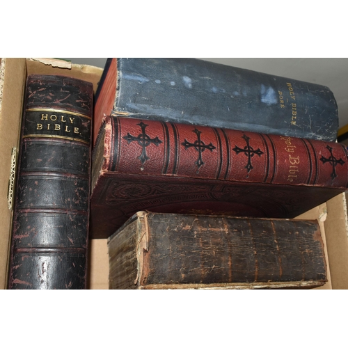 499 - FOUR ANTIQUARIAN BIBLES comprising a Broen's Self-Interpreting Family Bible, leather bound, brass cl... 