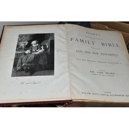 499 - FOUR ANTIQUARIAN BIBLES comprising a Broen's Self-Interpreting Family Bible, leather bound, brass cl... 