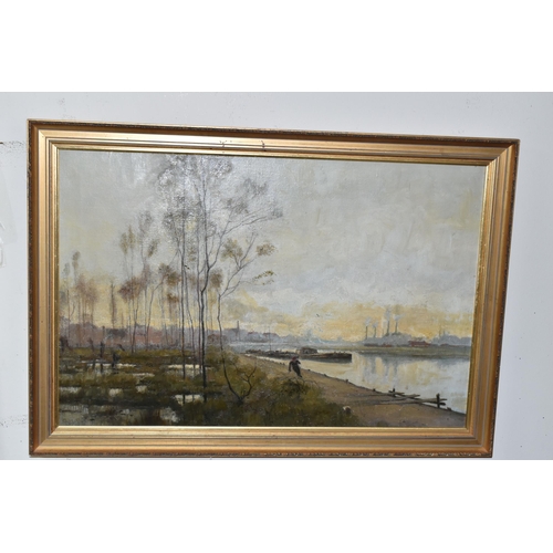 501 - ERNEST R FOX (1862-1917) AN INDUSTRIAL WATERWAY SCENE, depicting working barges on a river with indu... 
