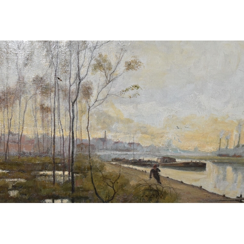 501 - ERNEST R FOX (1862-1917) AN INDUSTRIAL WATERWAY SCENE, depicting working barges on a river with indu... 
