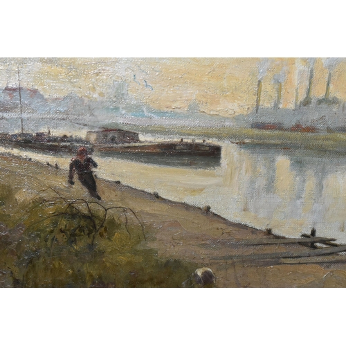 501 - ERNEST R FOX (1862-1917) AN INDUSTRIAL WATERWAY SCENE, depicting working barges on a river with indu... 