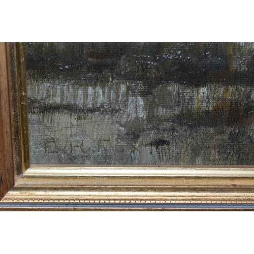 501 - ERNEST R FOX (1862-1917) AN INDUSTRIAL WATERWAY SCENE, depicting working barges on a river with indu... 