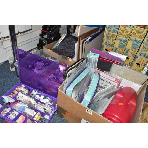 504 - THREE BOXES AND LOOSE ASSORTED CRAFTING SUPPLIES AND ACCESSORIES ETC, to include Spellbinders Grand ... 