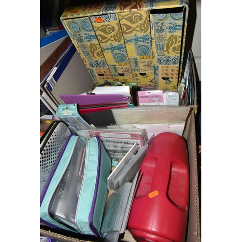 504 - THREE BOXES AND LOOSE ASSORTED CRAFTING SUPPLIES AND ACCESSORIES ETC, to include Spellbinders Grand ... 