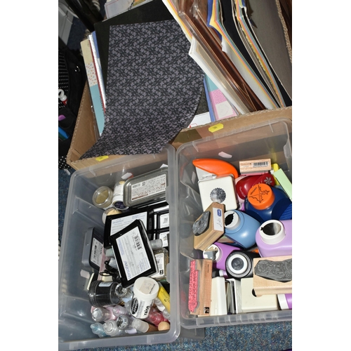 504 - THREE BOXES AND LOOSE ASSORTED CRAFTING SUPPLIES AND ACCESSORIES ETC, to include Spellbinders Grand ... 