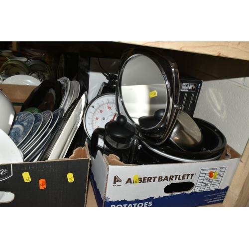 529 - SIX BOXES OF CERAMICS AND ELECTRICALS, to include a boxed Russell Hobbs iron, a Russell Hobbs toaste... 