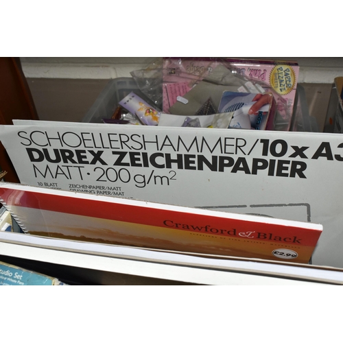 531 - TWO BOXES OF ARTIST'S EQUIPMENT, to include packs of stick on jewels, A3 paper, water colour paints,... 