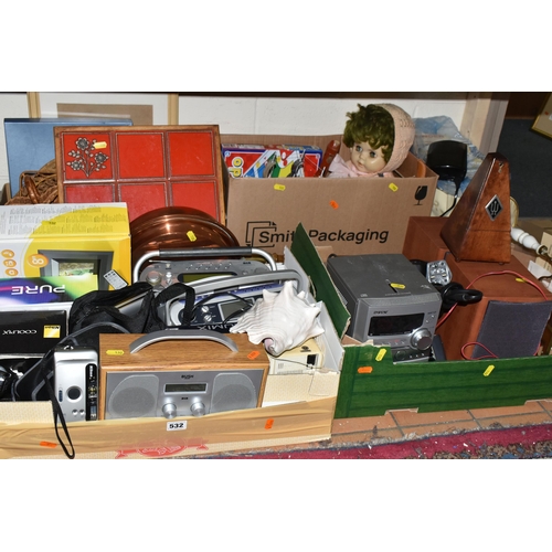 532 - FOUR BOXES OF AUDIO EQUIPMENT AND MISCELLANEOUS SUNDRIES, to include a Roberts Classic 939 radio, a ... 