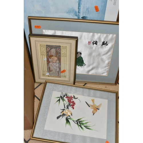 534 - A BOX AND LOOSE ASSORTED PICTURES AND PRINTS ETC, to include Chinese paintings on fabric, prints of ... 