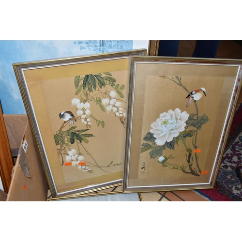 534 - A BOX AND LOOSE ASSORTED PICTURES AND PRINTS ETC, to include Chinese paintings on fabric, prints of ... 