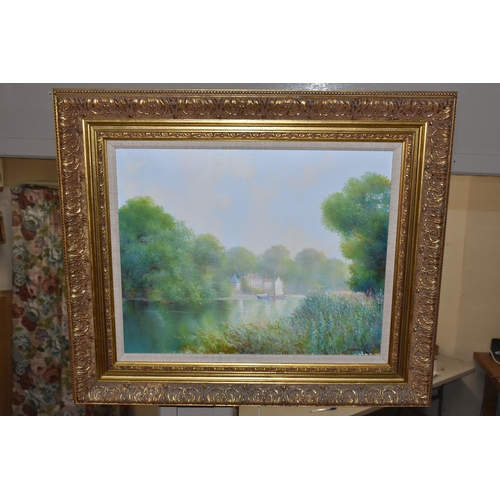 535 - KEN (K B) HANCOCK (BRITISH 1925-2014) 'A FRENCH IMPRESSIONIST STYLE RIVER LANDSCAPE', depicting sail... 