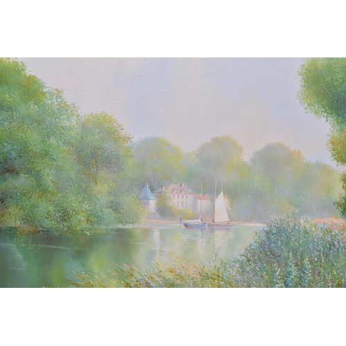 535 - KEN (K B) HANCOCK (BRITISH 1925-2014) 'A FRENCH IMPRESSIONIST STYLE RIVER LANDSCAPE', depicting sail... 