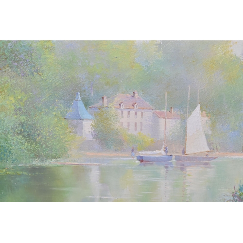 535 - KEN (K B) HANCOCK (BRITISH 1925-2014) 'A FRENCH IMPRESSIONIST STYLE RIVER LANDSCAPE', depicting sail... 