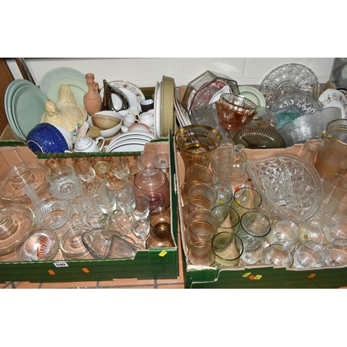 540 - FOUR BOXES OF GLASSWARE AND CERAMICS, to include mid-century lemonade sets, dessert sets, drinking g... 