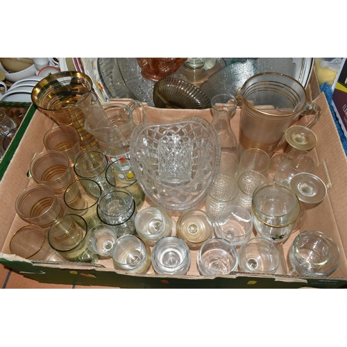 540 - FOUR BOXES OF GLASSWARE AND CERAMICS, to include mid-century lemonade sets, dessert sets, drinking g... 