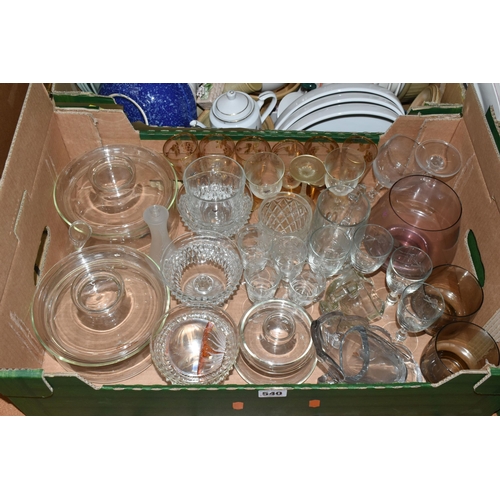 540 - FOUR BOXES OF GLASSWARE AND CERAMICS, to include mid-century lemonade sets, dessert sets, drinking g... 