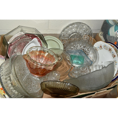 540 - FOUR BOXES OF GLASSWARE AND CERAMICS, to include mid-century lemonade sets, dessert sets, drinking g... 