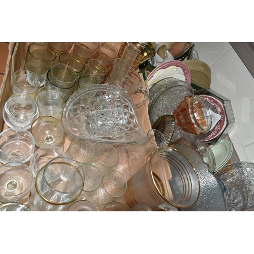 540 - FOUR BOXES OF GLASSWARE AND CERAMICS, to include mid-century lemonade sets, dessert sets, drinking g... 